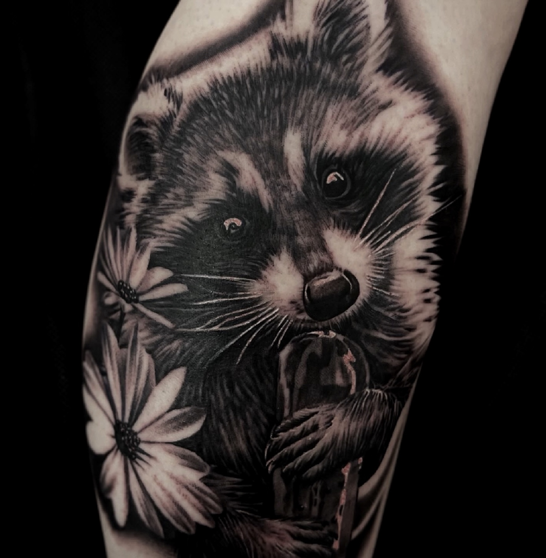 Black and grey raccoon and flower tattoo